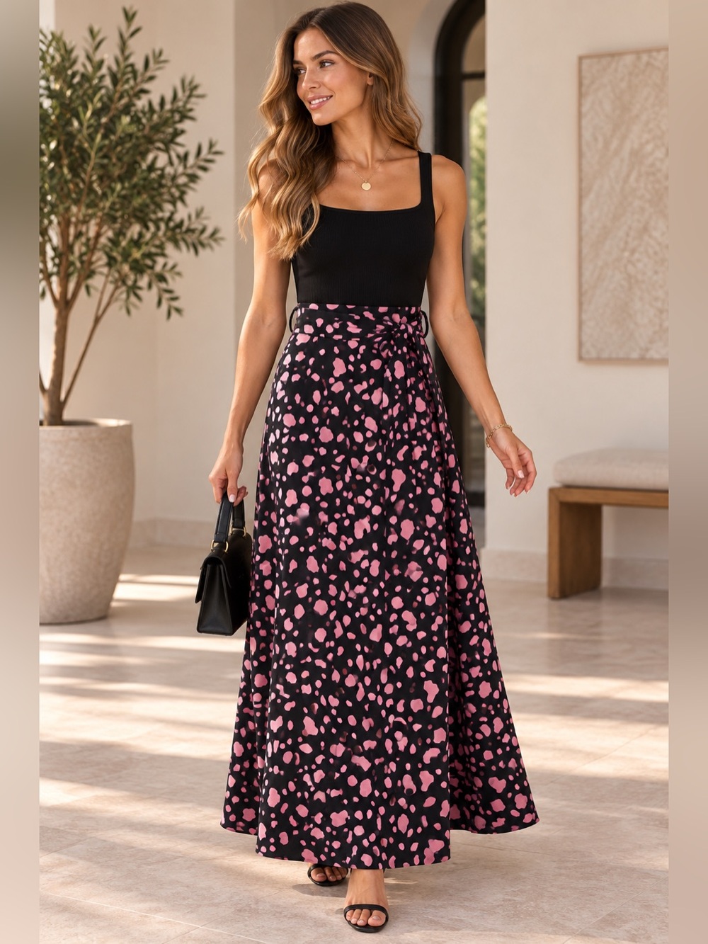 Zara Women’s Black Pink Animal Print Belted Maxi Skirt Size S Like New